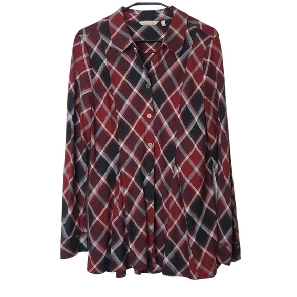 Soft Surroundings Tunic Top Size L Red Black Plaid Long Sleeve Button Down - Picture 2 of 7